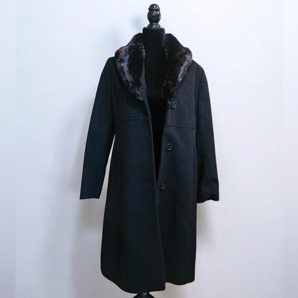 Wool Trench Coat With Faux Fur Collar Ankle Length - Size 6 - Picture 3 of 10